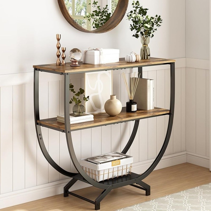Industrial Entryway Console Table 3 Tier Storage Rustic Wood Metal Design New gallery