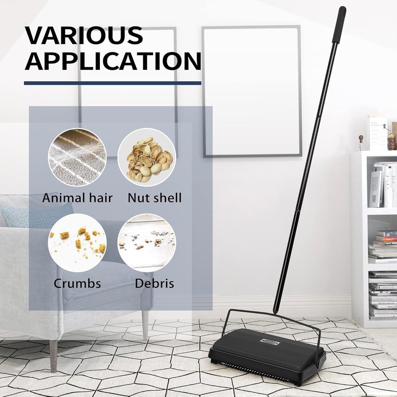 Carpet Floor Sweeper with Adjustable Handle Non-Electric Manual Sweeping Black gallery