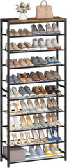 10-Tier Rustic Shoe Rack Organizer – Holds 36-40 Pairs, Metal & MDF Shelves