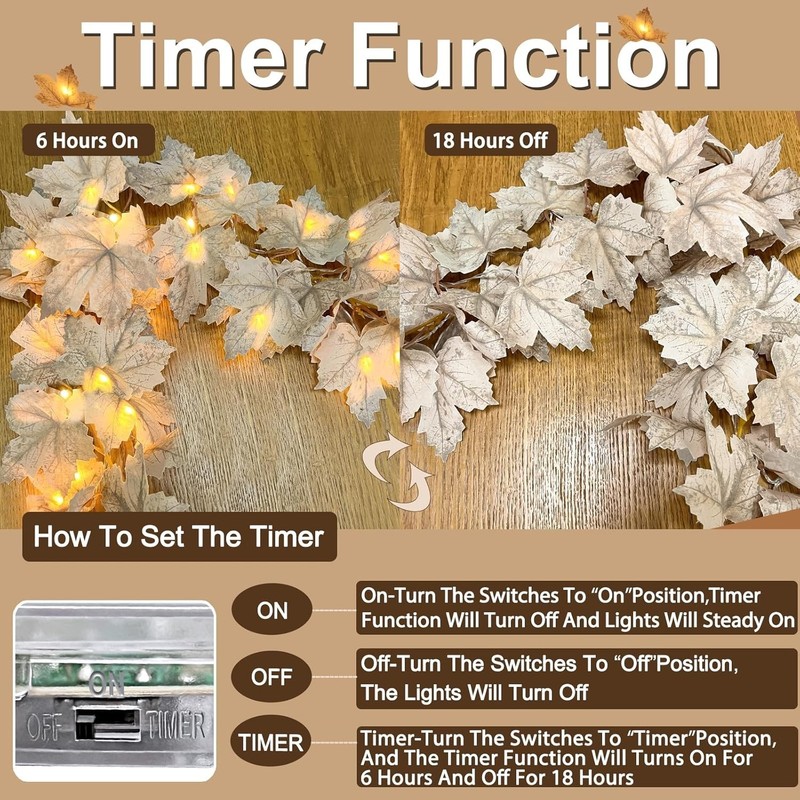Timer - 2 Pack Fall Decor Garland with Lights 2 Pack, Grey White gallery