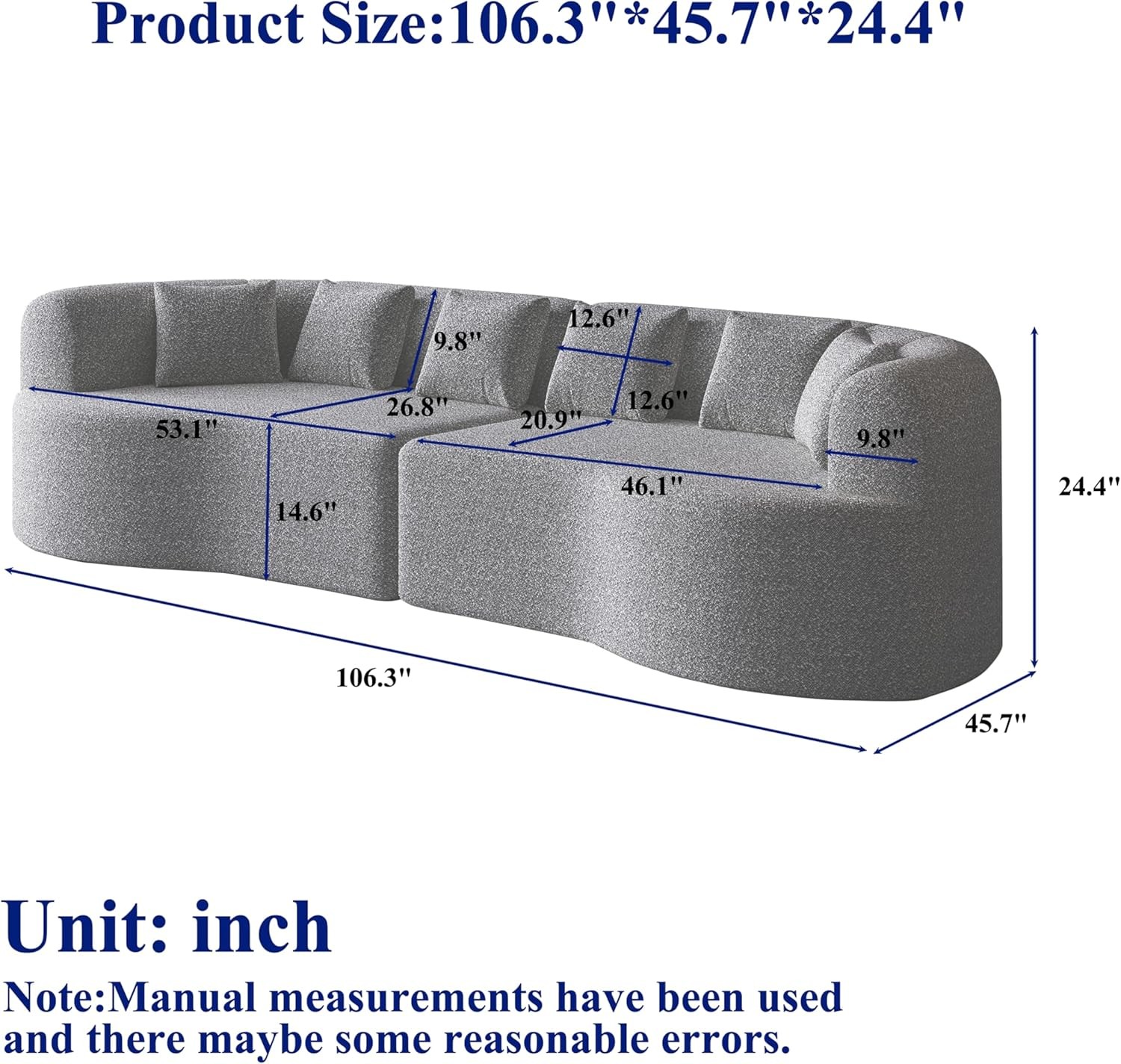 106.3" Curved Sectional Sofa Oversized Cloud Deep Seat Couch with 6 Pillows gallery