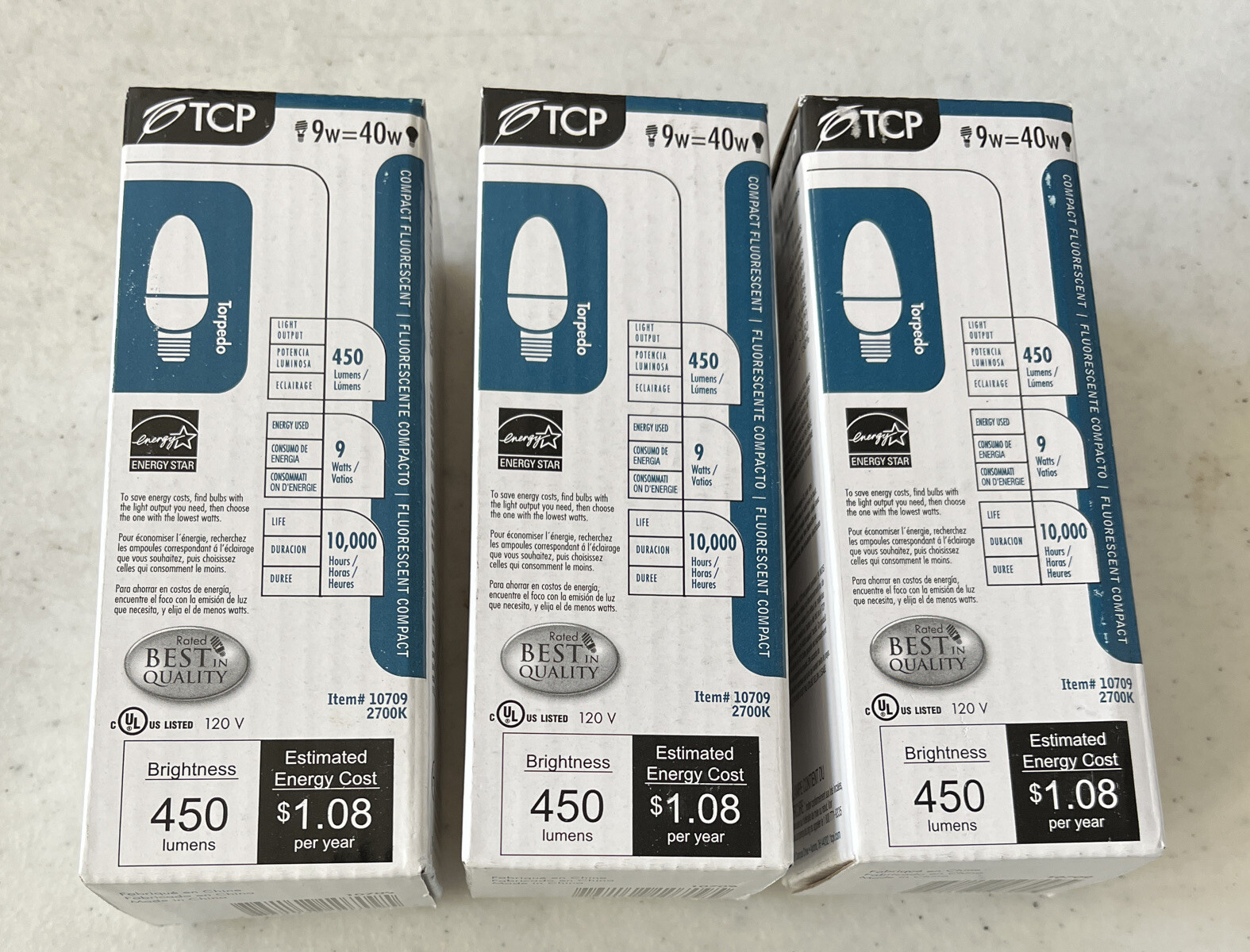 [3 Pack]TCP #10709 Torpedo 9W - (40W Equivalent) CFL E-26 Base Bulbs gallery