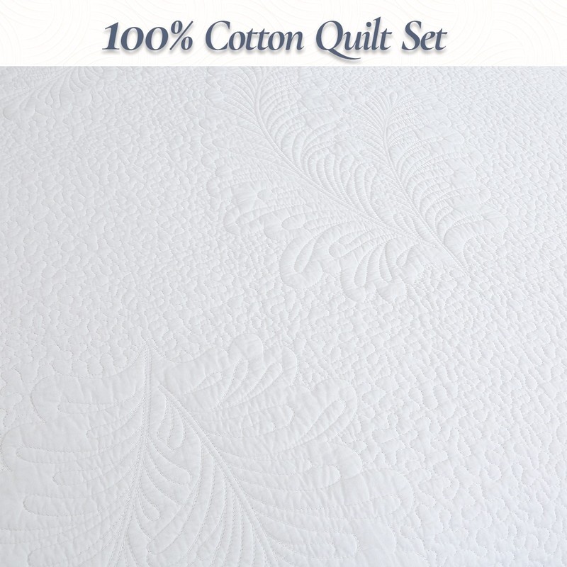 Classic Modern Palm Leaf Stitch Solid White 100% Cotton Quilt Bedding Set gallery