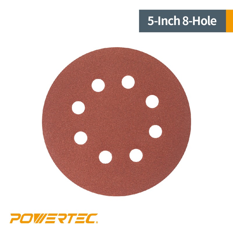 POWERTEC 5" A/O Hook & Loop 8 Hole Disc, Grits 40/80/120/220/320 - 100PK (45000) gallery