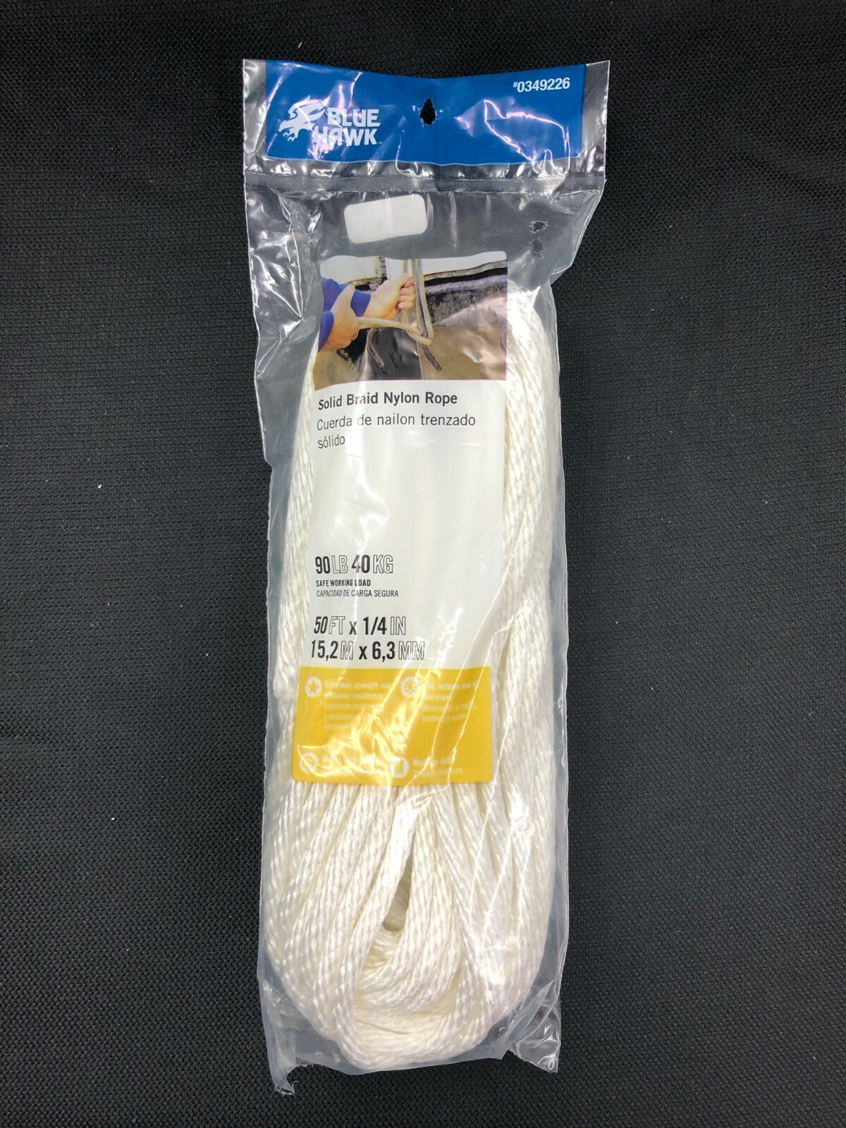 0349226 BLUE HAWK SOLID BRAID NYLON ROPE 90LB SAFEWORK LOAD 1/4" X 50' 349226 gallery