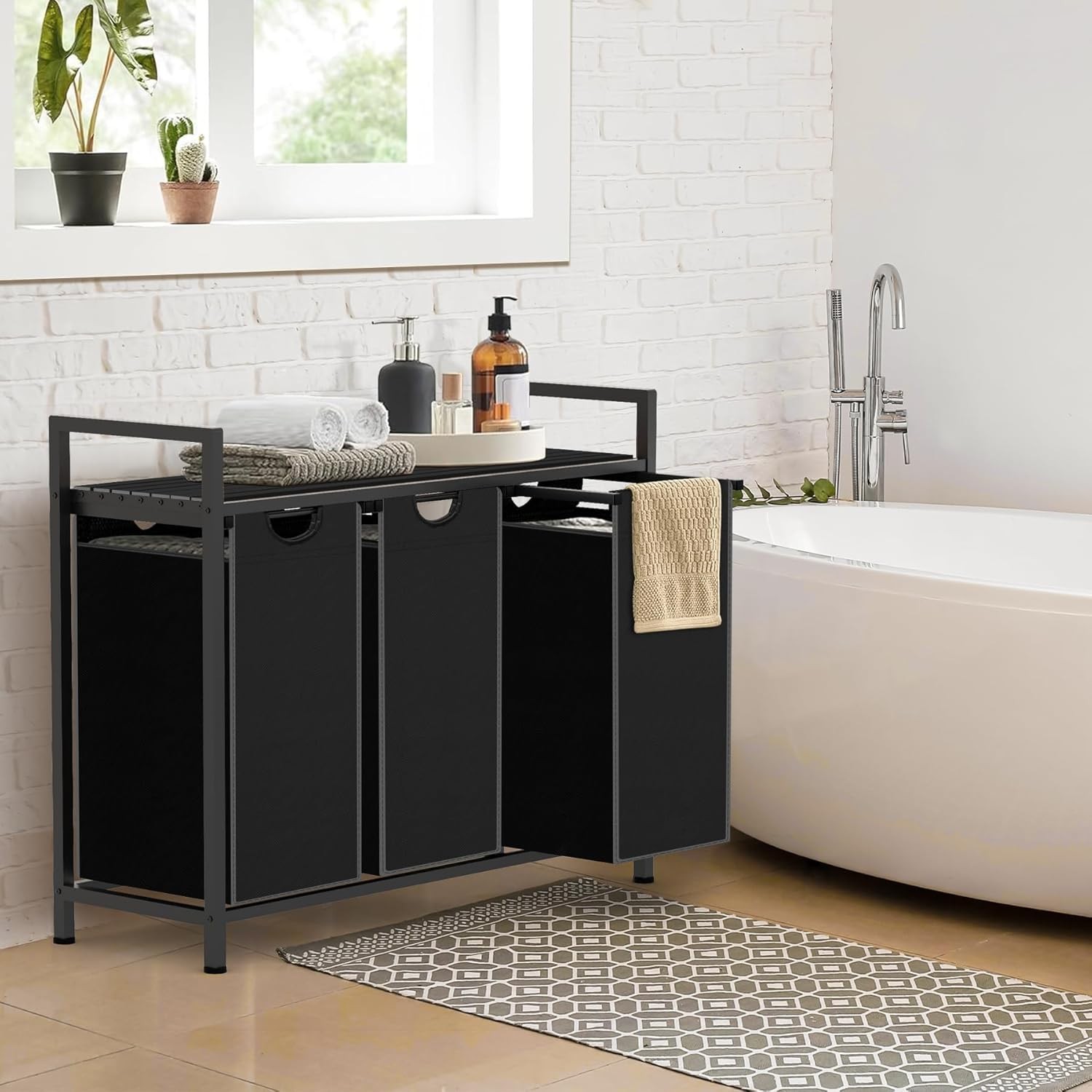 Black Laundry Sorter with 3 Pull-Out Removable Oxford Fabric Bags Laundry Basket gallery