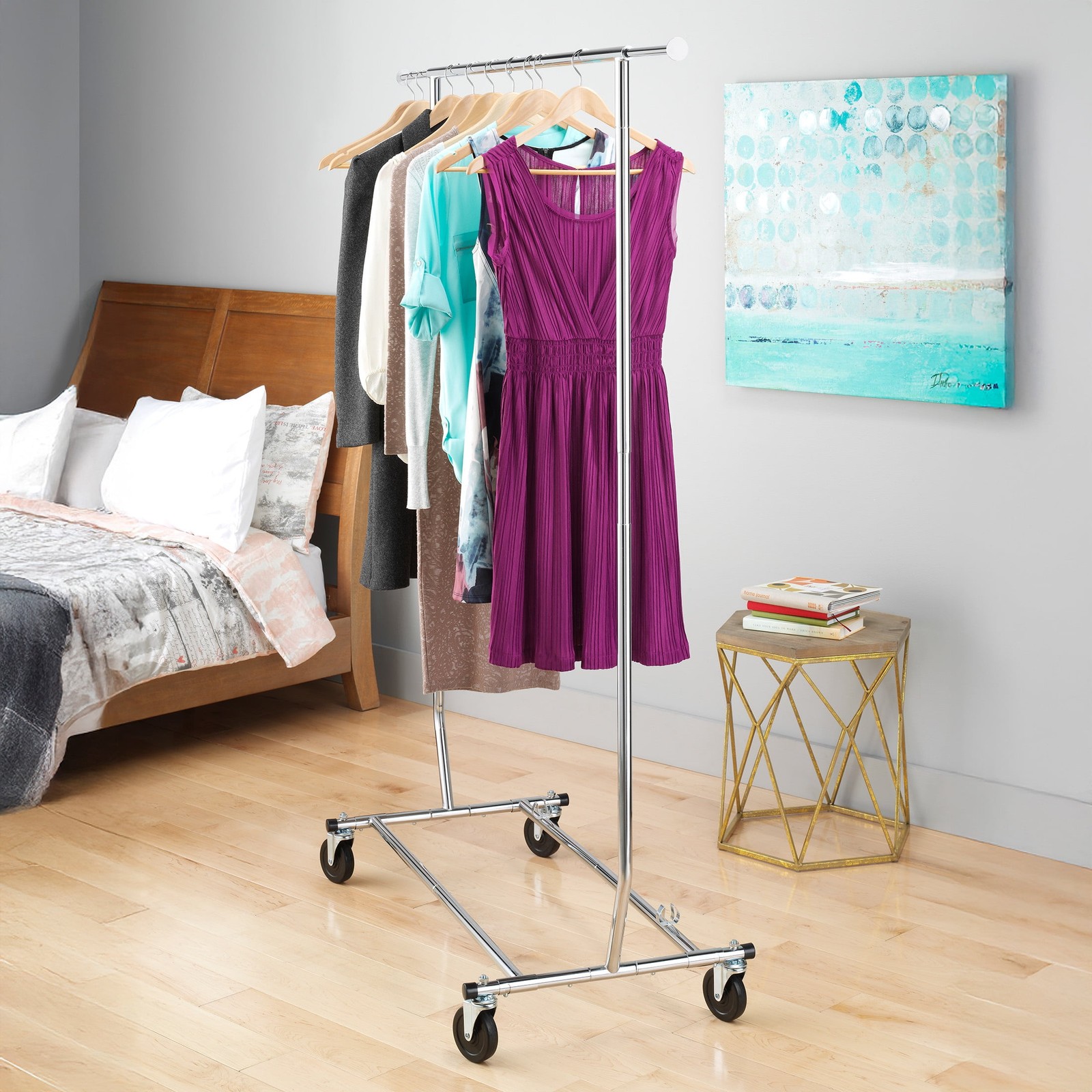 Whitmor Rolling Folding Garment Rack, Adjustable Width 51-74.5 in, Height 66-71 gallery
