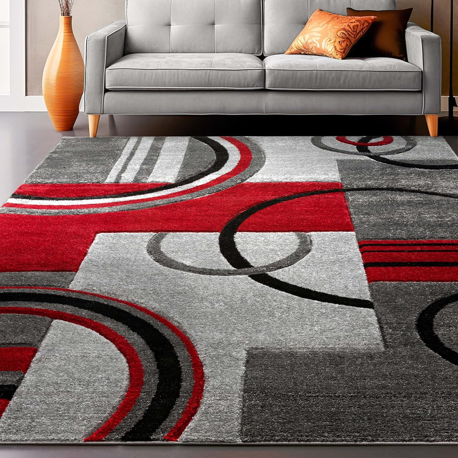 Ruby Echo Shapes & Circles Geometric Red and Grey 5 by 7 Rug - Abstract Modern C gallery