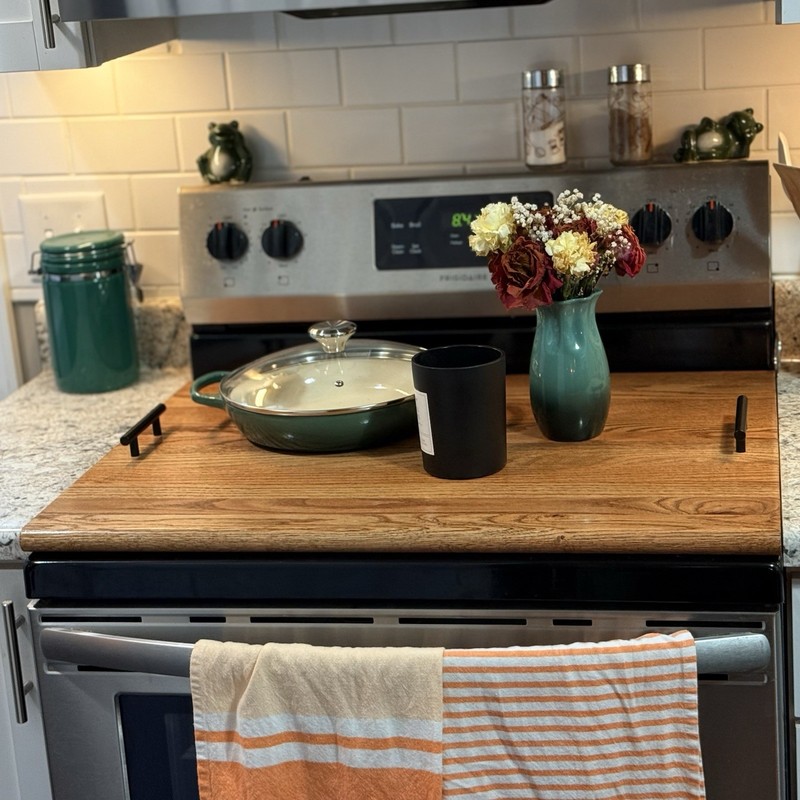 Solid Red Oak Stove Top Cover – Custom Fit Stove Top Board with Black Handles gallery