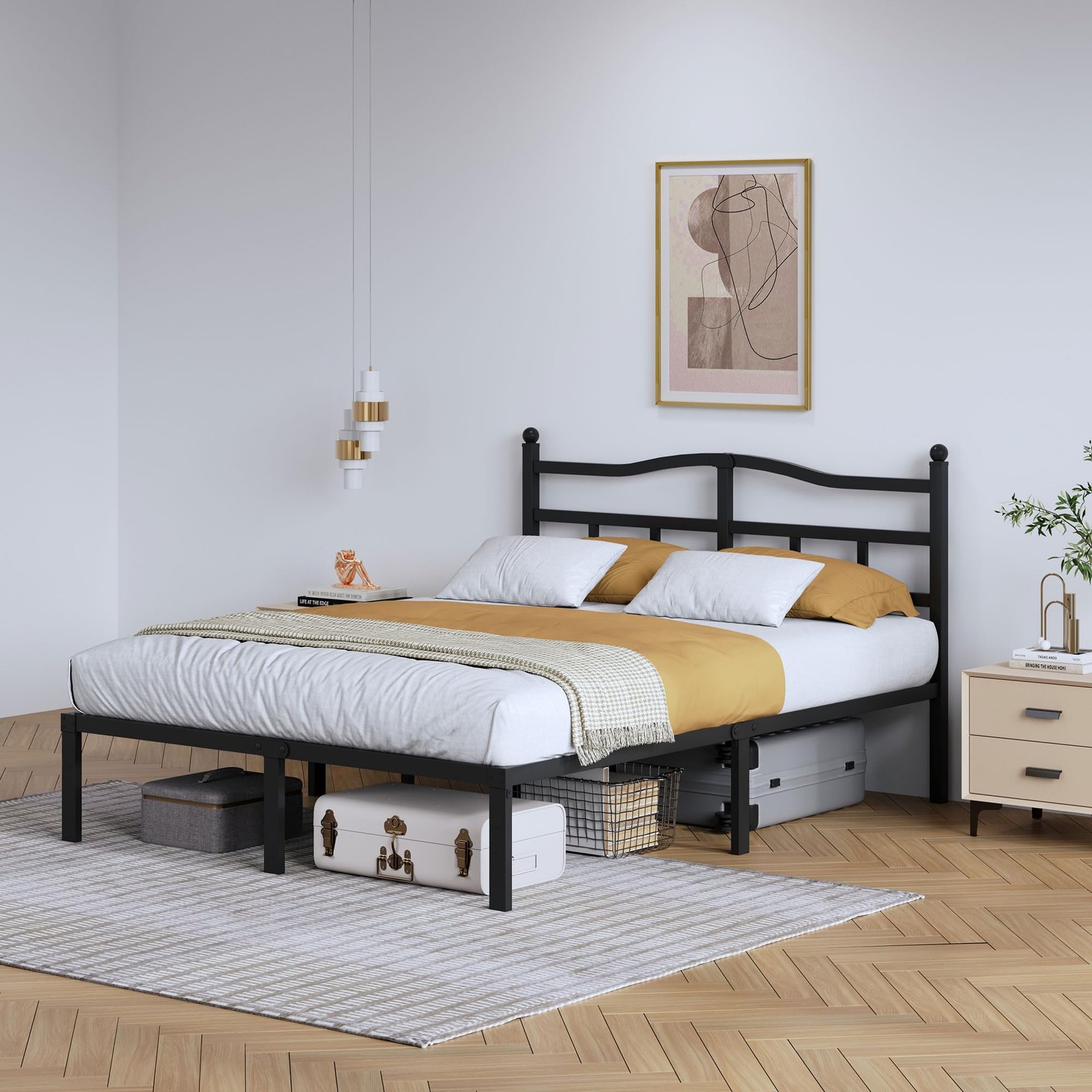 Queen 14 Inch Metal Bed Frame with Headboard, Steel Slats, No Box Spring gallery