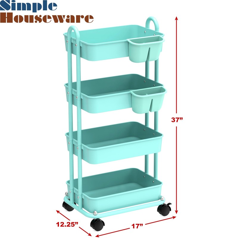 4-Tier Multifunctional Rolling Utility Cart with Hanging Buckets, Turquoise gallery