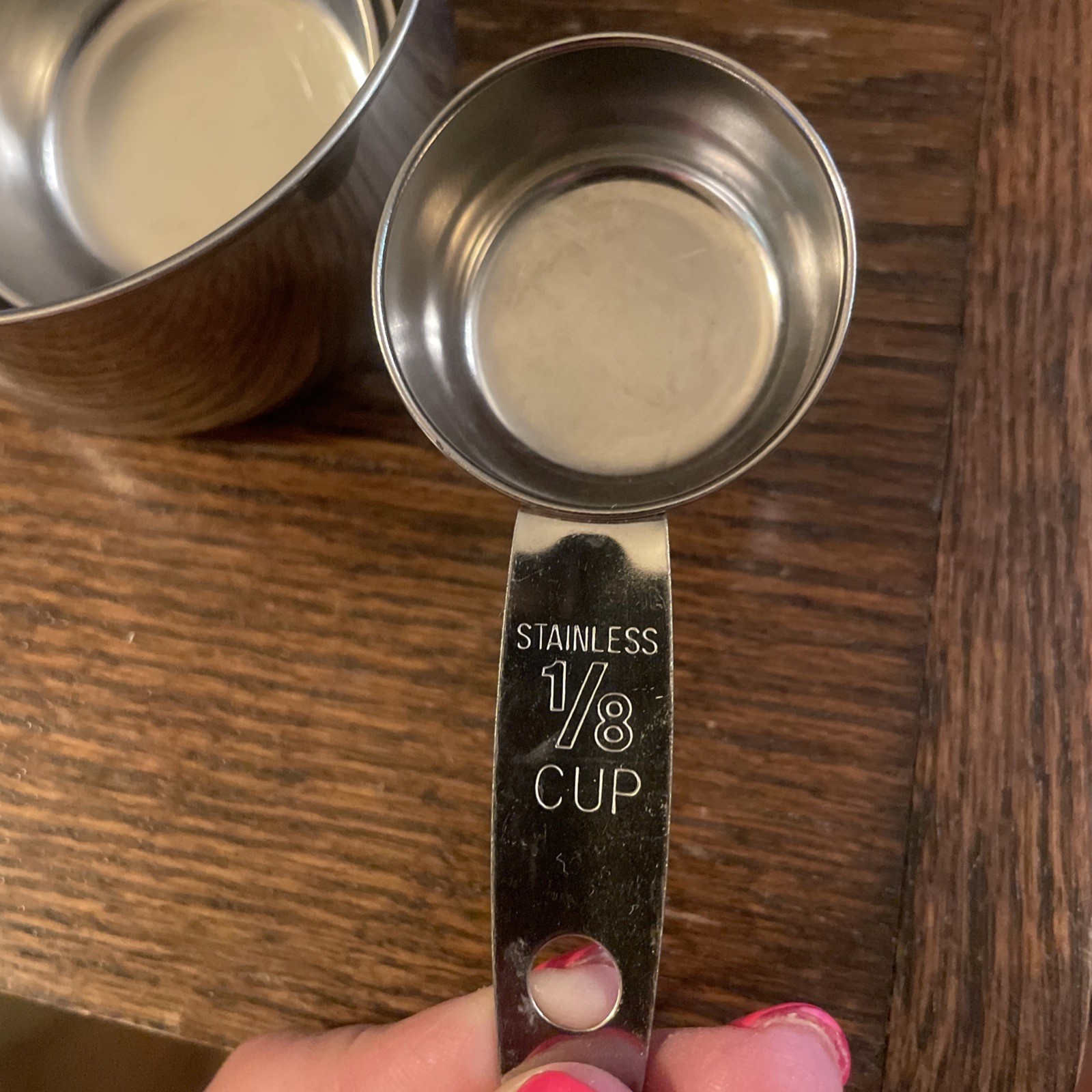 5 Vintage Measuring Cups, Stainless Steel~1 Cup, 1/2 Cup, 1/3 Cup, 1/4 Cup, 1/8 gallery