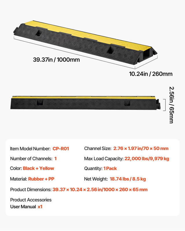 VEVOR Cable Protector Ramp, 22,000 lbs/axle Capacity, 1 Channel Heavy Duty Rubbe gallery