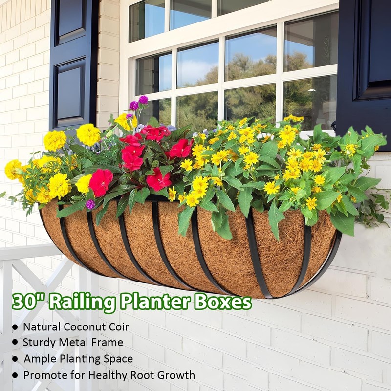 30" Railing Planter Window Box - 2 Pack Metal Hanging Flower Basket for Deck & B gallery