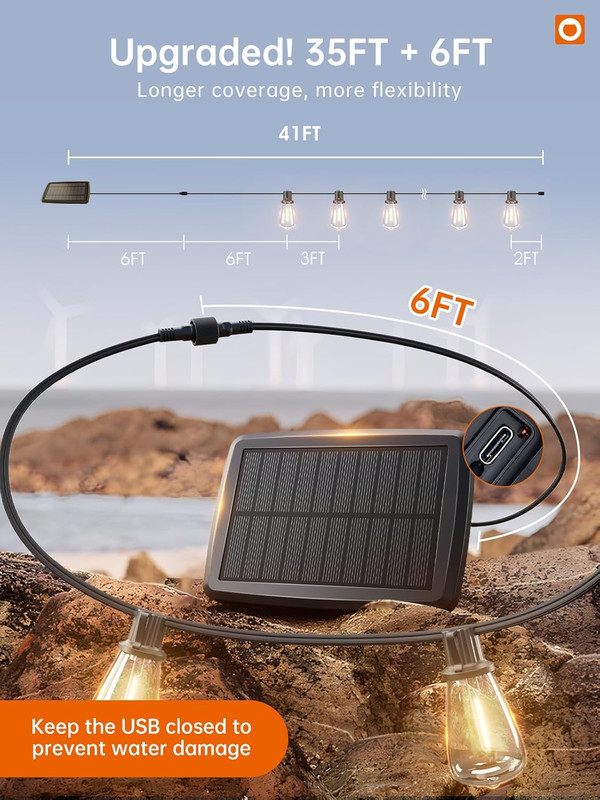 35FT Solar String Lights Outdoor, IP54 Waterproof Solar Powered with Remote & US gallery