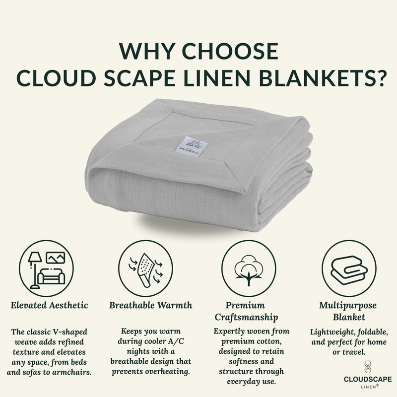 CLOUDSCAPE Cotton Throw Blanket for Couch - 100% Cotton Gauze Herringbone Wea... gallery