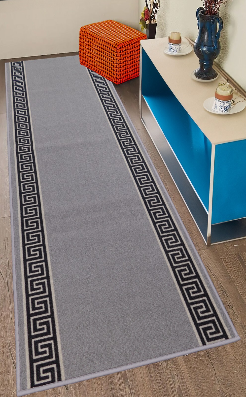 Non Slip Meander Grey Design Grey Low Pile Rug 22" / 26" / 30" / 36" Width gallery