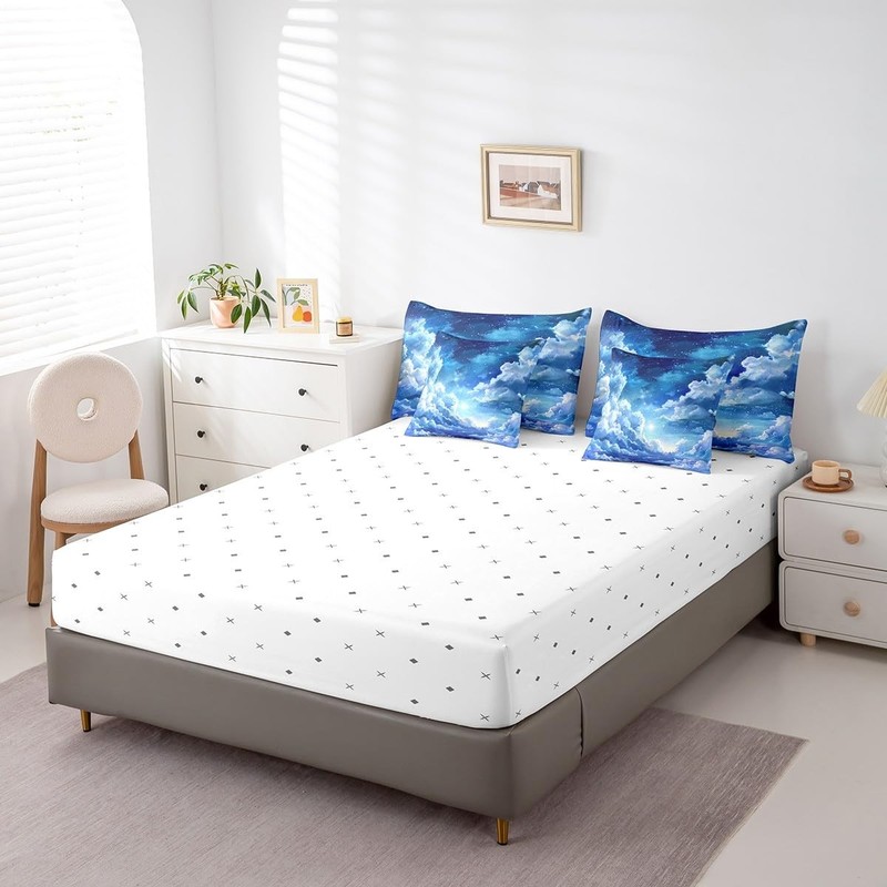 Blue Night Sky Comforter Set with Sheets Clouds Stars Moon Printed 7 Piece Be... gallery