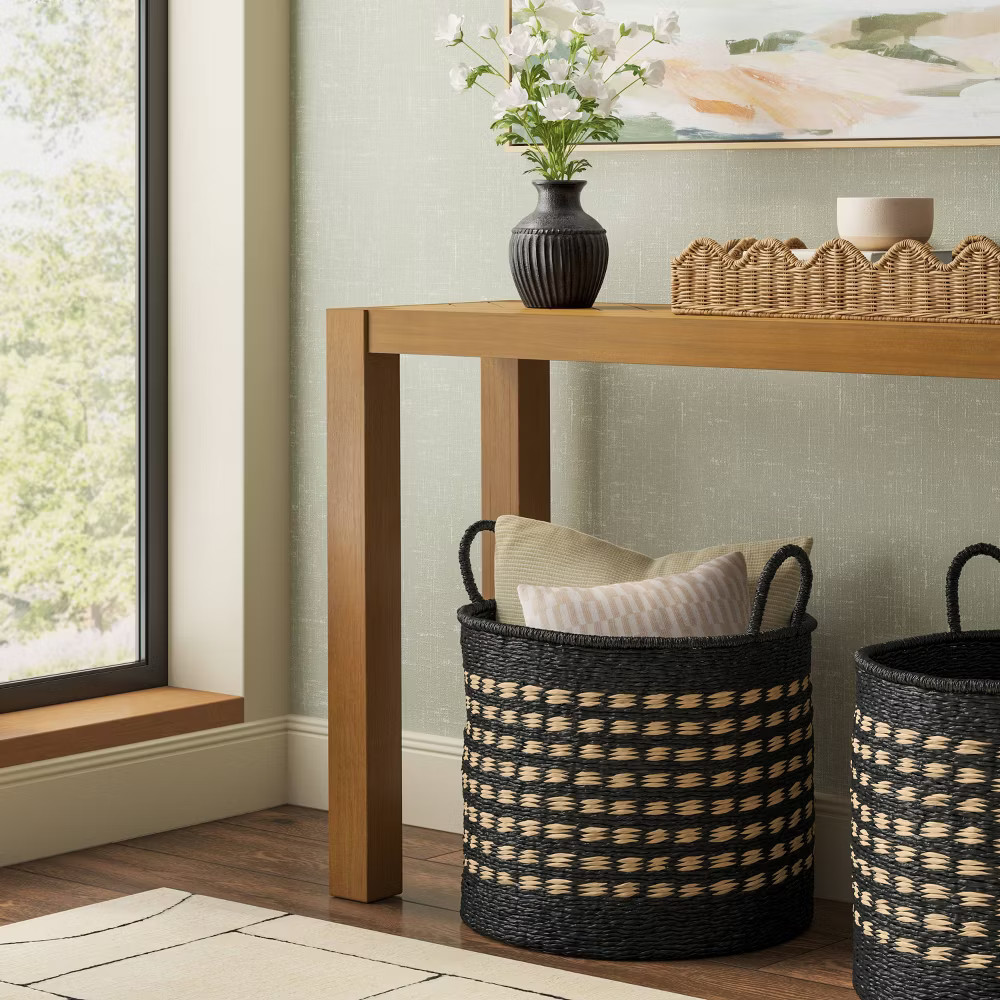 16" Pattern Woven Decorative Basket with Curved Handle Black/Natural - Threshold gallery