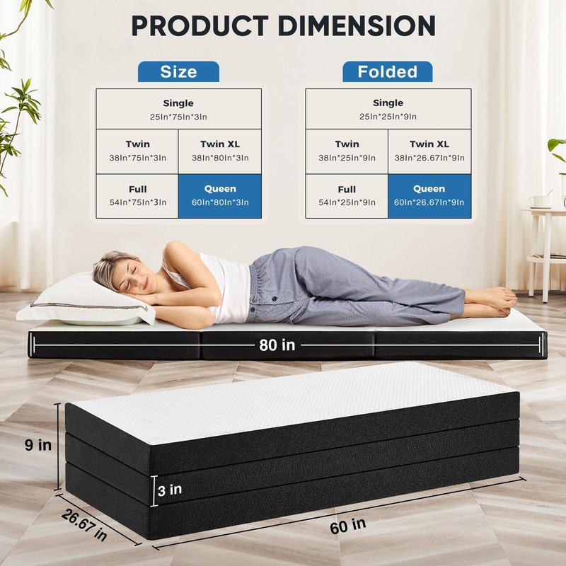 Tri-fold Memory Foam Mattress, Portable Floor Bed, Foldable Mat for Bedroom gallery
