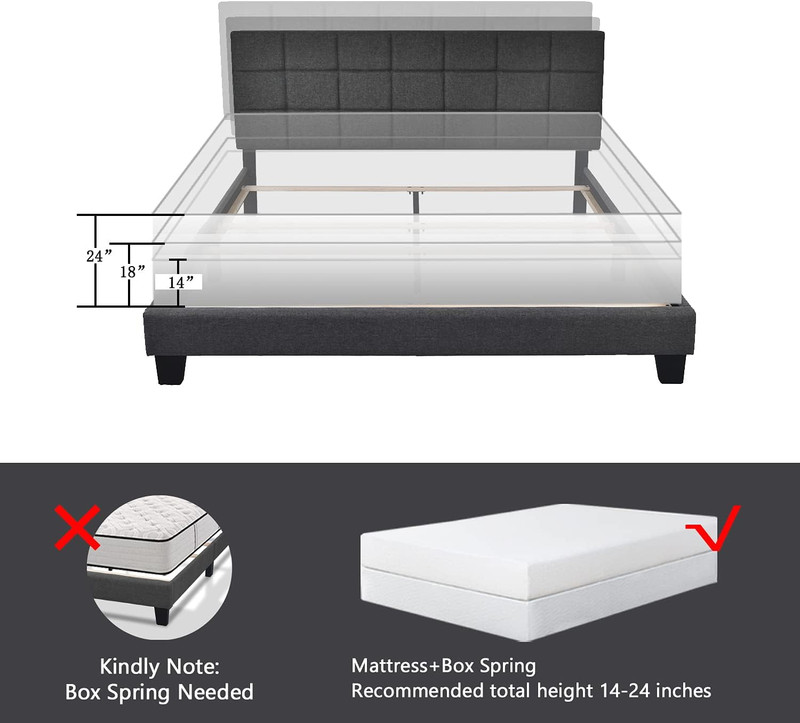 Stylish Queen Size Panel Bed Frame with Adjustable Dark Grey Upholstered Headboa gallery