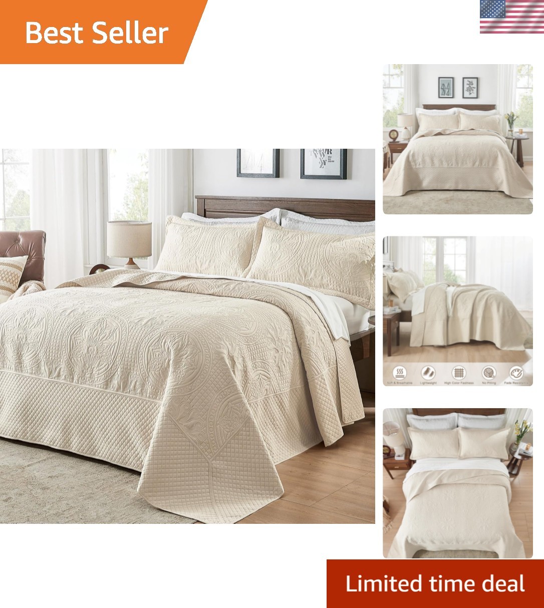 Oversized King Bedspread 132x 120, Extra Wide Alaska King Bedspread, 3 Piece ... gallery