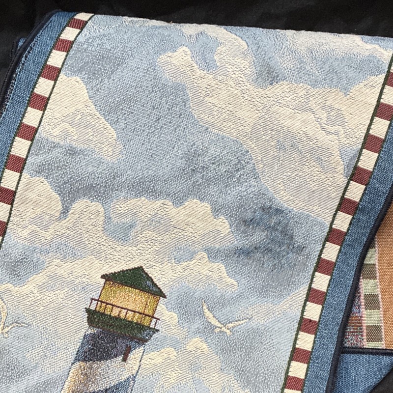 Lighthouse Coastal Fabric Table Runner with Tassels, Blue Beige Red White gallery
