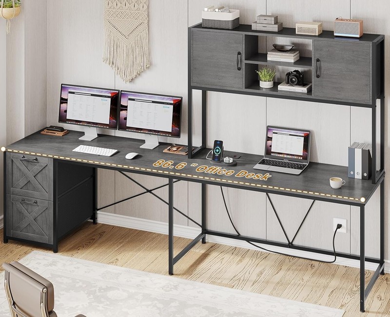 L Shaped Computer Desk with Led Lights, Hutch and Power Outlet, Home Office Desk gallery