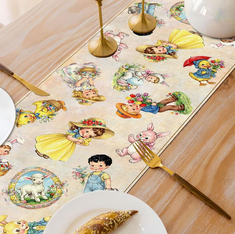 Vintage Easter Table Runner Spring Retro Bunny Duck Children's Baby Shower Party gallery