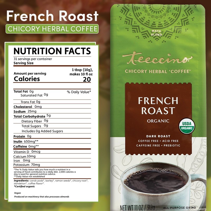 Teeccino Chicory Coffee Alternative – French Roast – Ground Herbal Coffee gallery