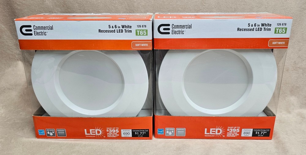 2Pc Commercial Electric T65 Recessed LED Trim Light ‎Ceiling Mount 5 & 6" White