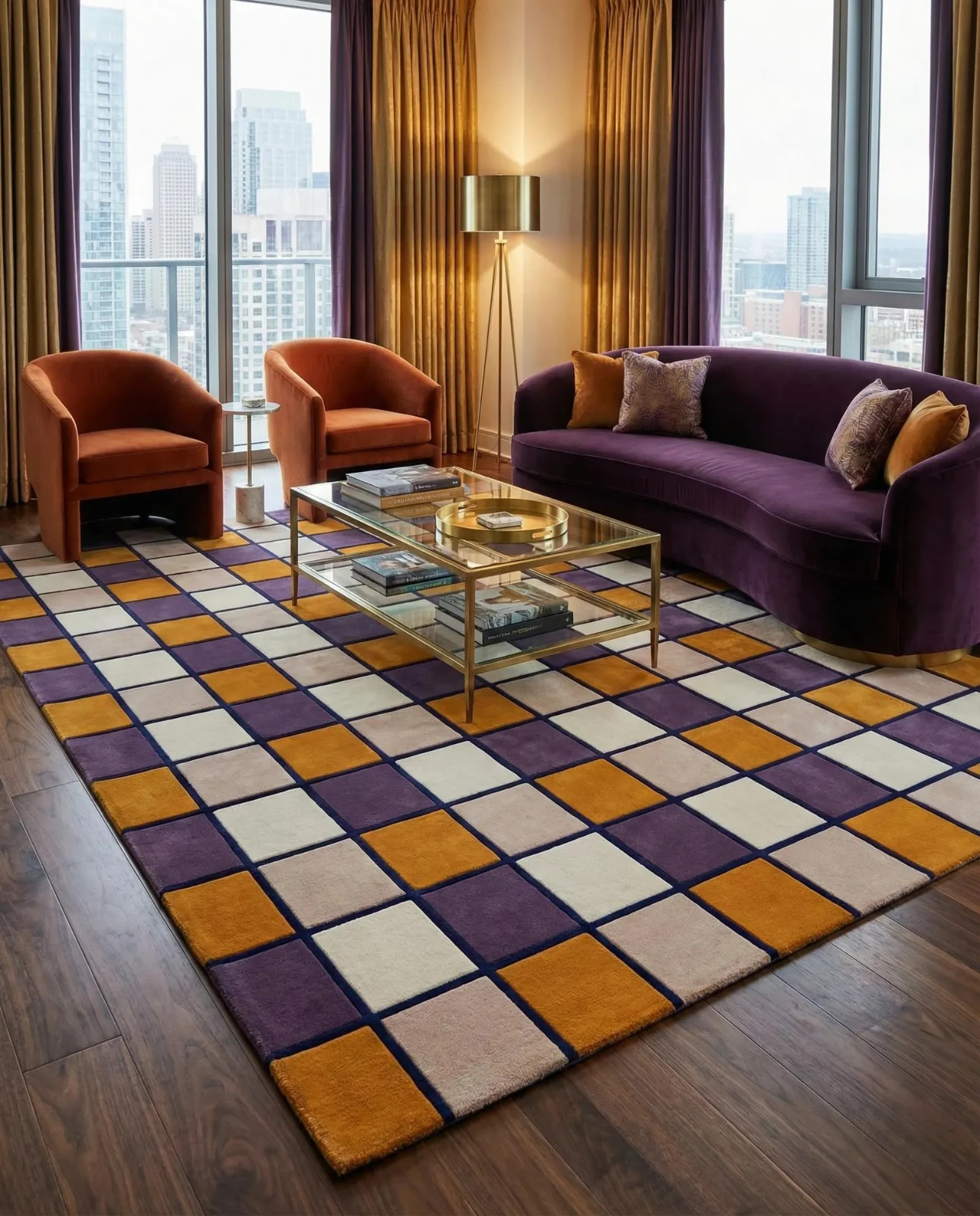 Hand Tufted NZ Wool Rug – Modern Checkerboard Geometric Carpet | Mustard, Beige gallery