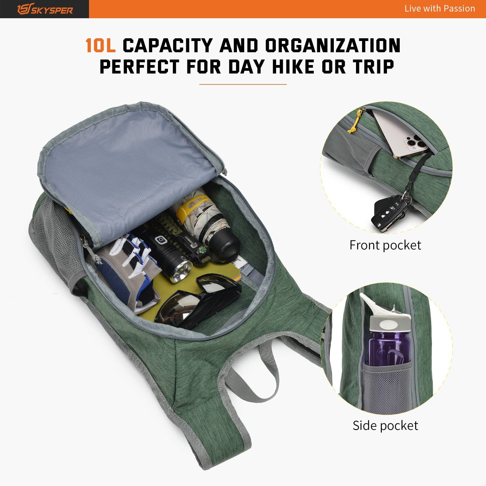 10L Small Daypack Green Hiking Backpack Packable Lightweight Travel Pack 3