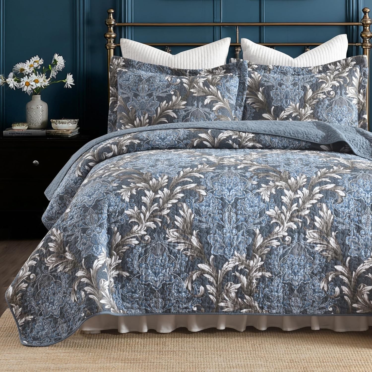 Blue Floral King Quilt Set - 100% Cotton Lightweight Quilts - Dusty Blue & Gray gallery