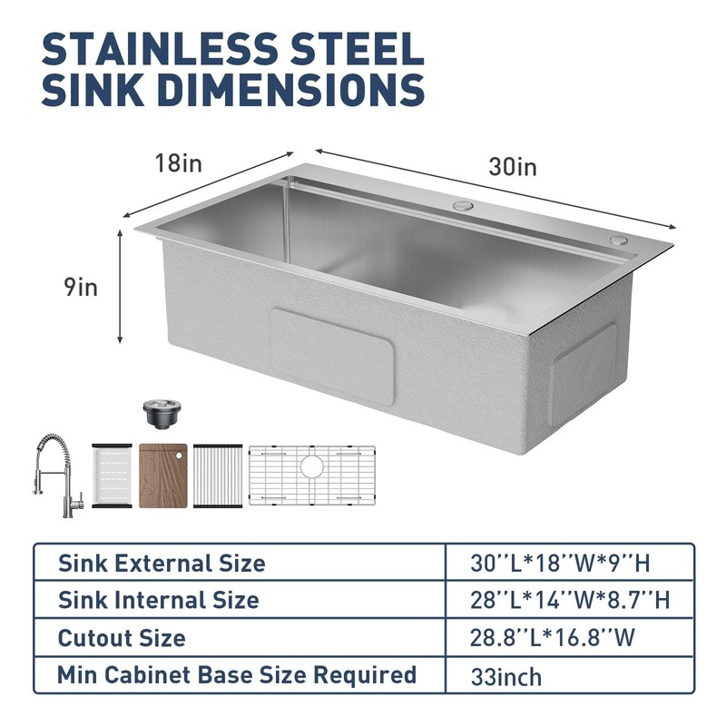 Drop in Kitchen Sink with Pull Down Spring Faucet 30x18x9 Inch Single Bowl gallery