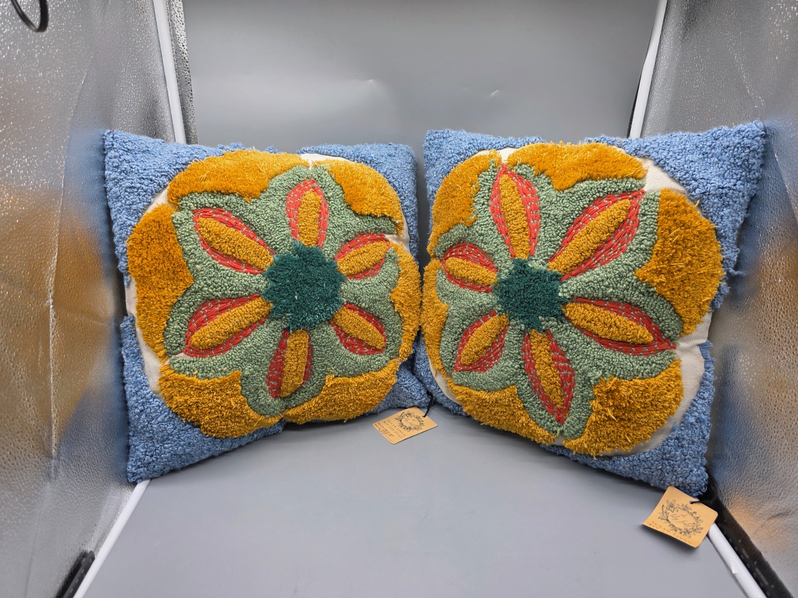 Creative Co Op Hooked Rug Pillow Sun Flower 16" x 16" Set of 2 gallery