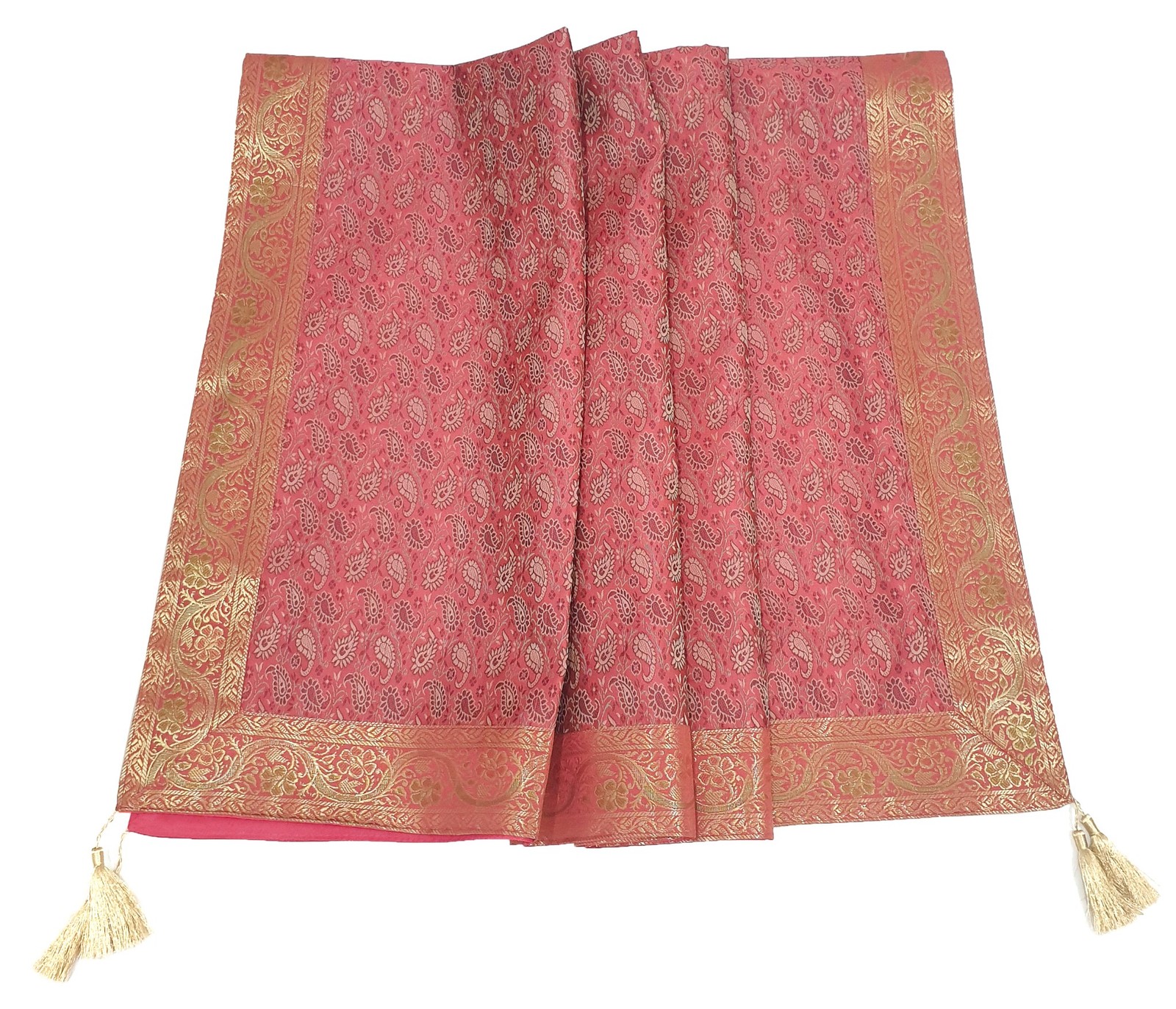 48" Square Banarasi Dining Table Top Cover Indian Silk Woven Paisley Pink Cloth gallery
