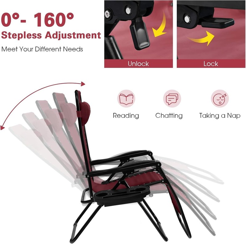 Zero Gravity Lounge Chairs, 160°Adjustable Folding Recliner w/Pillow and Cup ... gallery