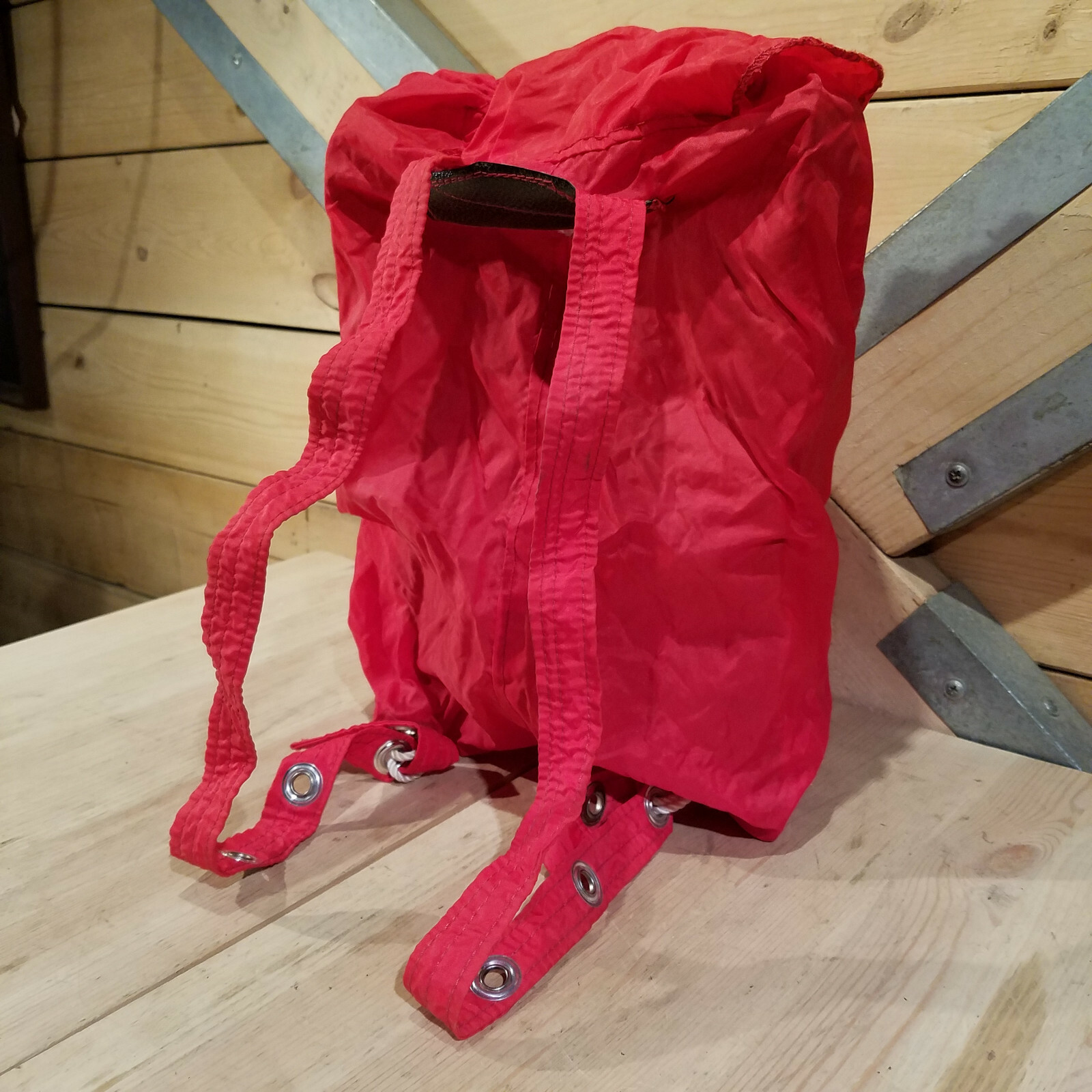 Red Polyester Drawstring Backpack Tear Drop w Leather Accents - Swanky Barn 5