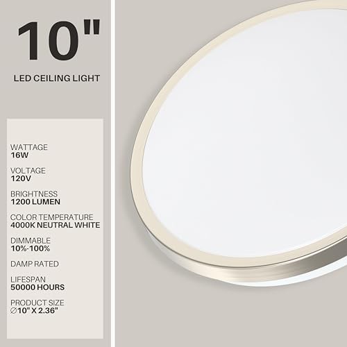 DYMOND 10 Inch LED Flush Mount Ceiling Light Fixture Dimmable Brushed Nickel 400 gallery