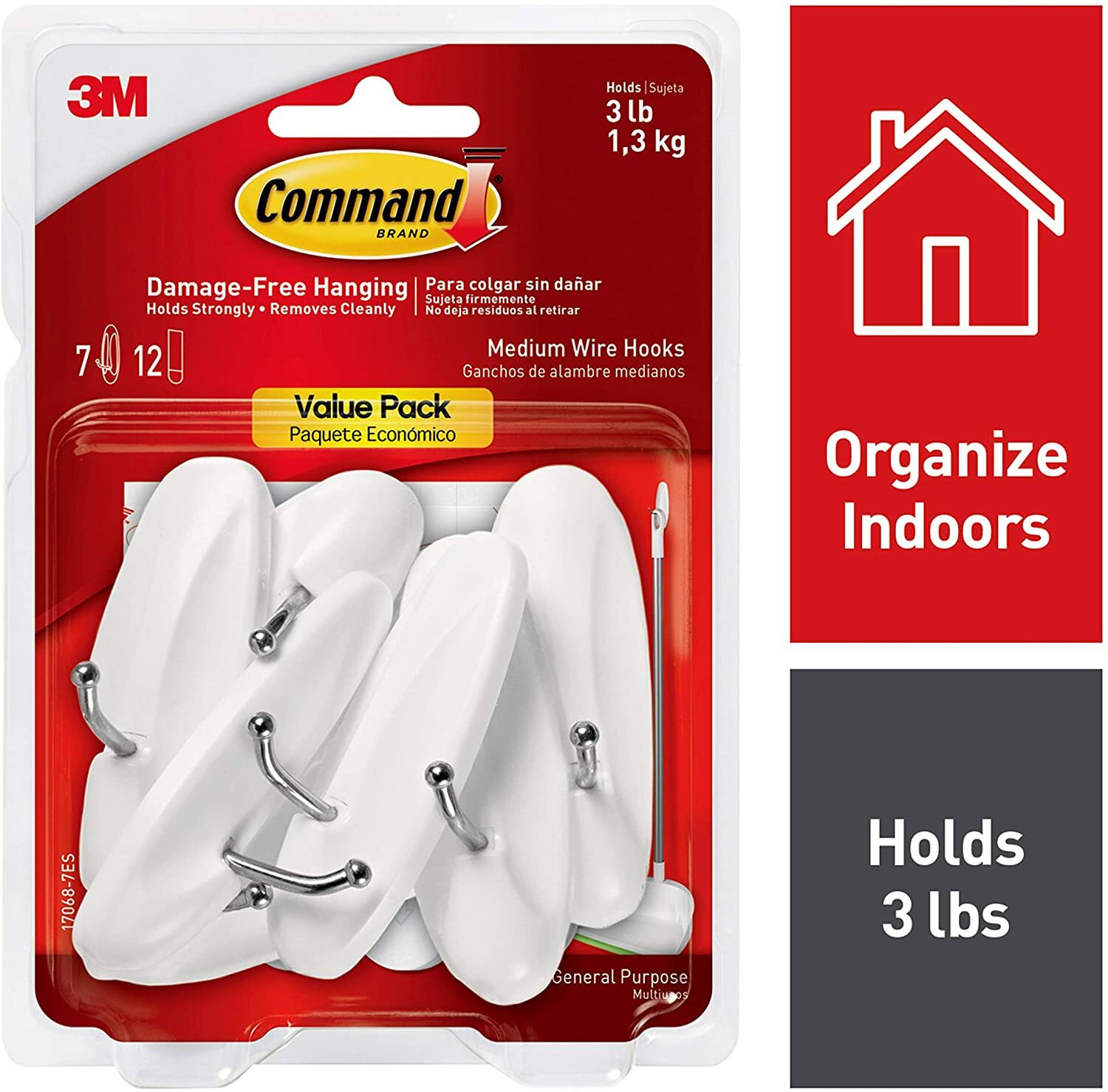 Command General Purpose Wire Hooks, Medium, 3 lb Cap, White, 7 Hooks 12 Strips gallery