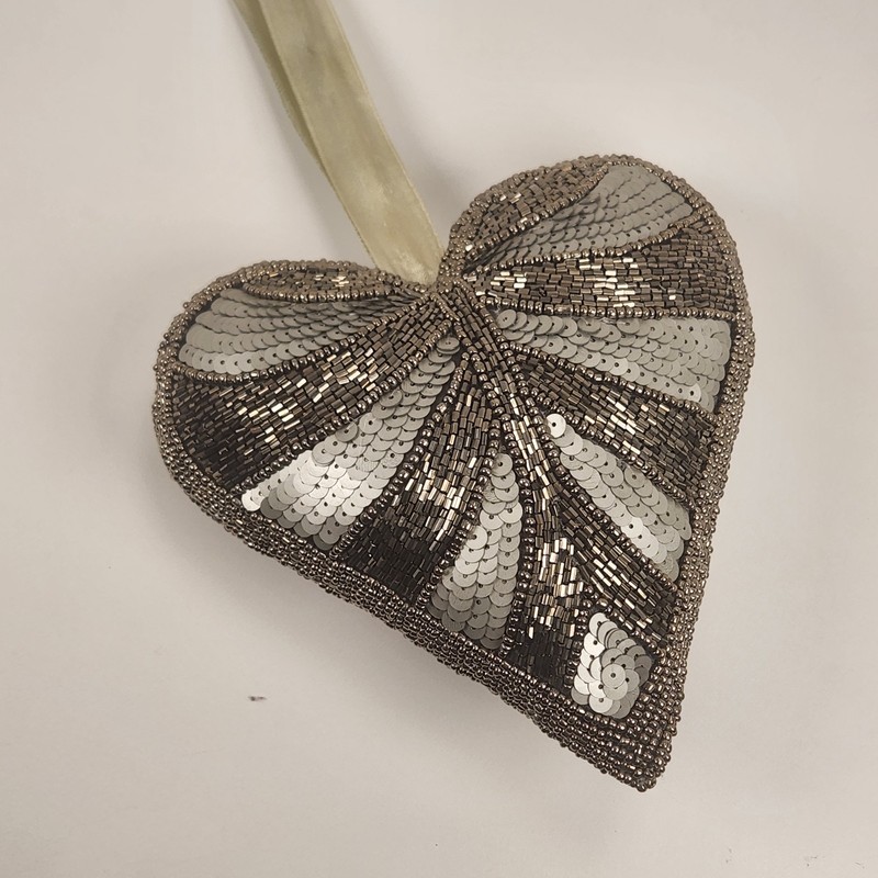 Silver Matte Sequin & Beaded Puffy Heart Hanging Valentine's Day Door Pillow 6" gallery