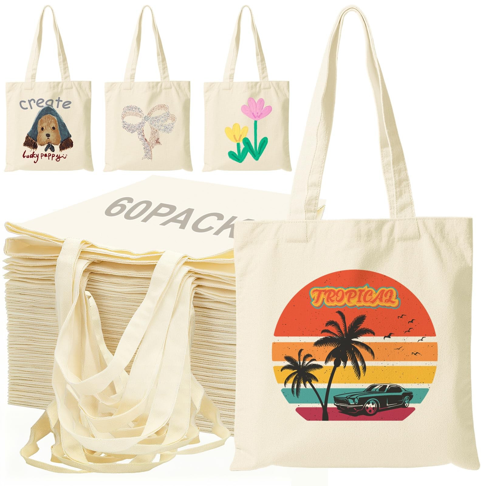 60 Pack Canvas Tote Bag Bulk 13X15 Inch Sublimation Blanks Canvas Tote With H... gallery