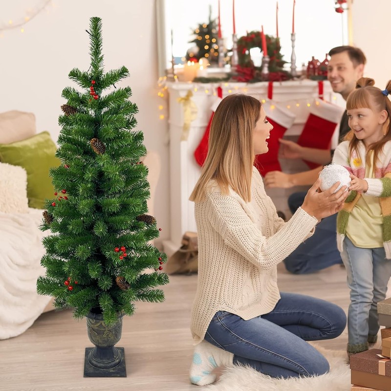 4FT Pre-lit Artificial Potted Christmas Tree Small Fake Spruce Tree &50 LED Ligh gallery