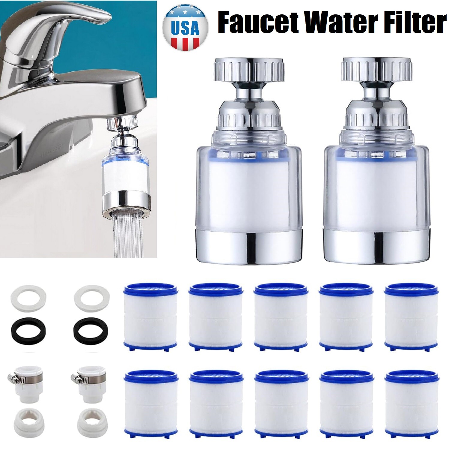 2×Faucet Water Filter System Kitchen Sink Mount Filtration Tap Purifier Clean US gallery