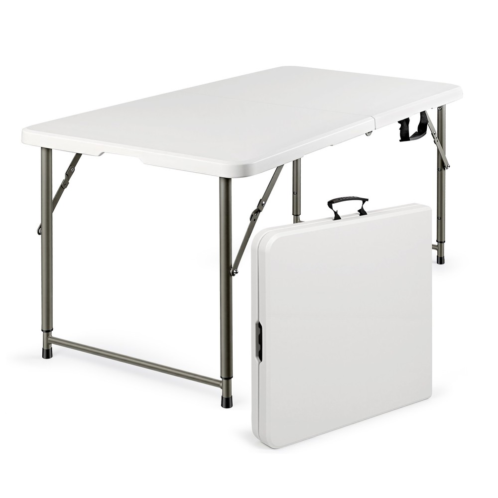 Folding Table Adjustable 4FT Plastic Table Picnic Camping w/Carry Handle White