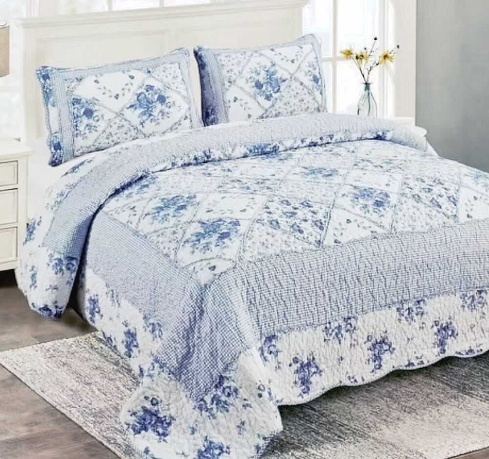 COURTNEY BLUE ROSE 3pc Queen QUILT SET : FARMHOUSE COTTAGE RUFFLED RAG GINGHAM gallery