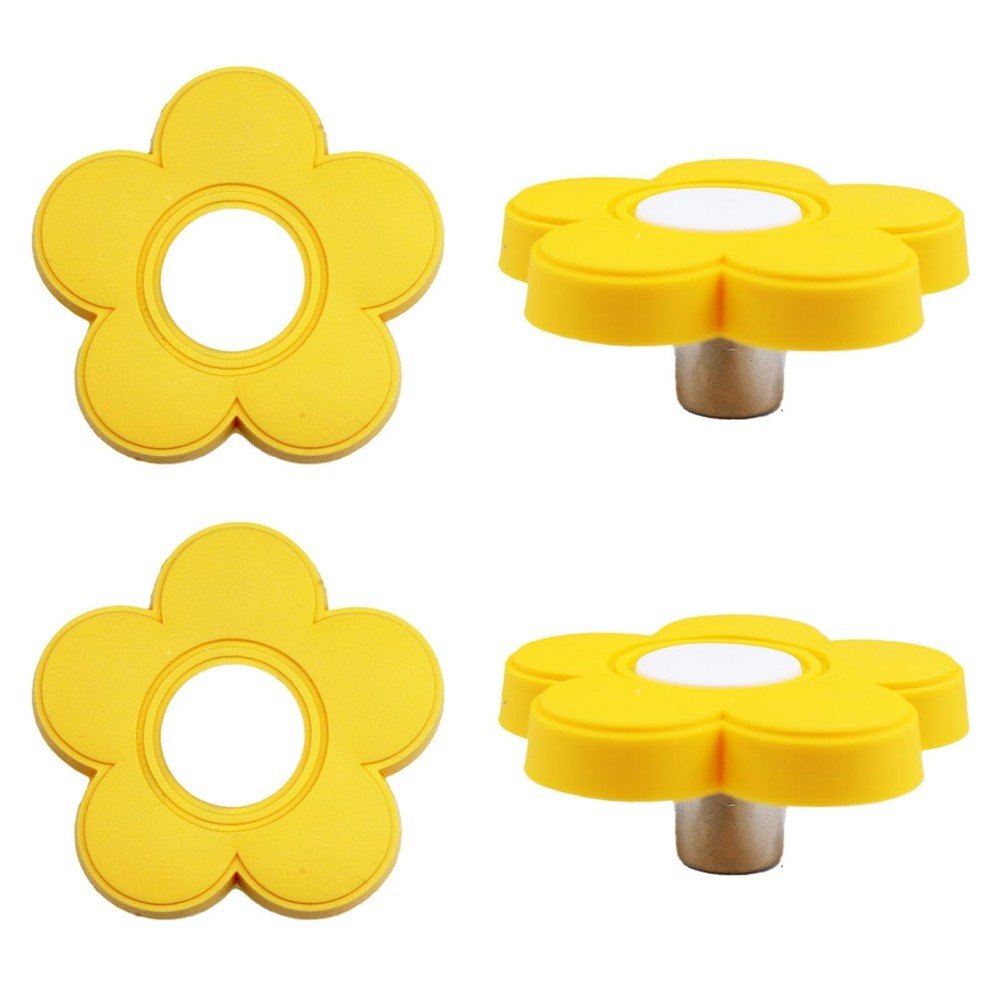 4pcs Yellow Flower Shape Knobs - Rubber Cartoon Shape Knobs for Kids' Room, C...