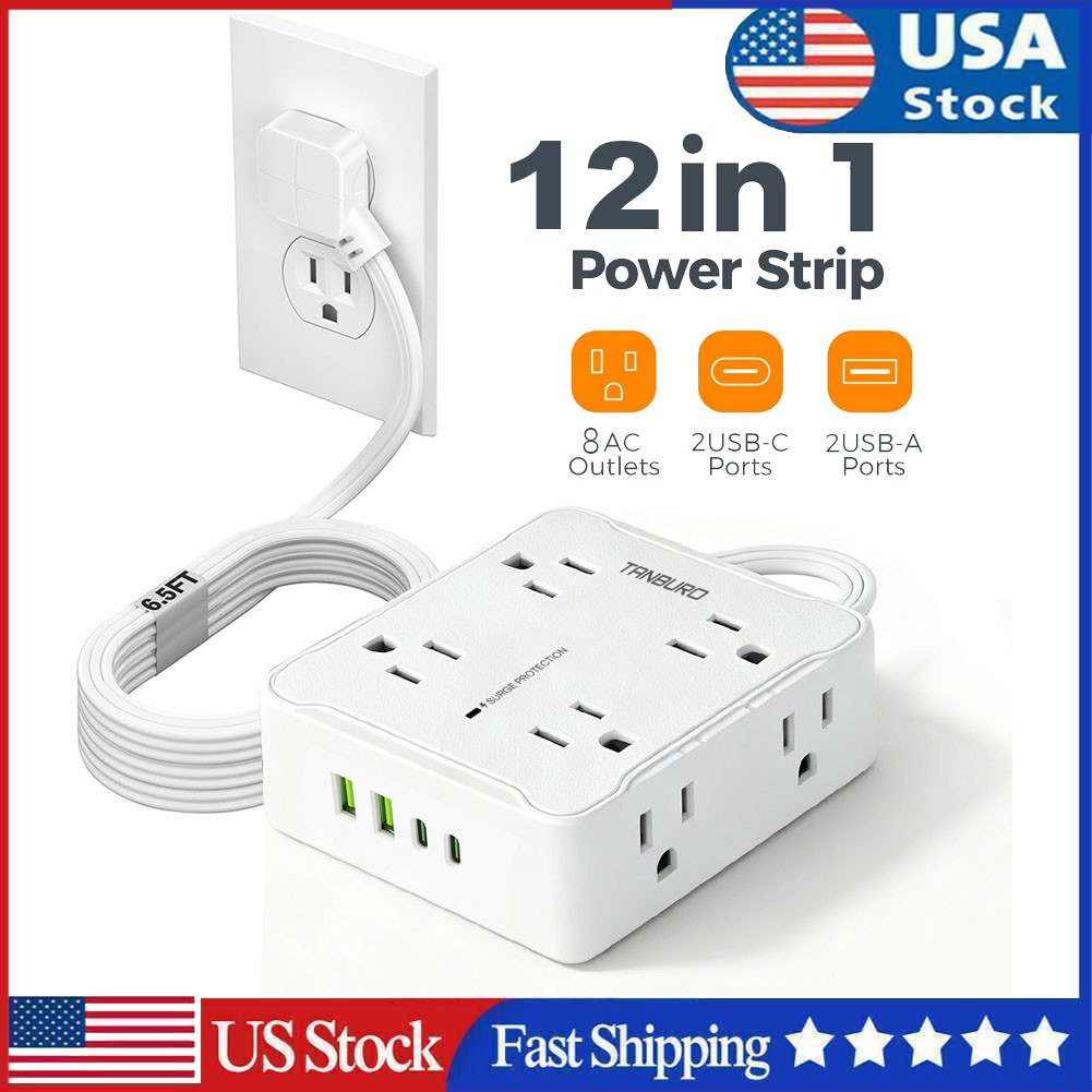Flat Plug Power Strip with 8 Outlet Long Extension Cord USB Port Surge Protector gallery
