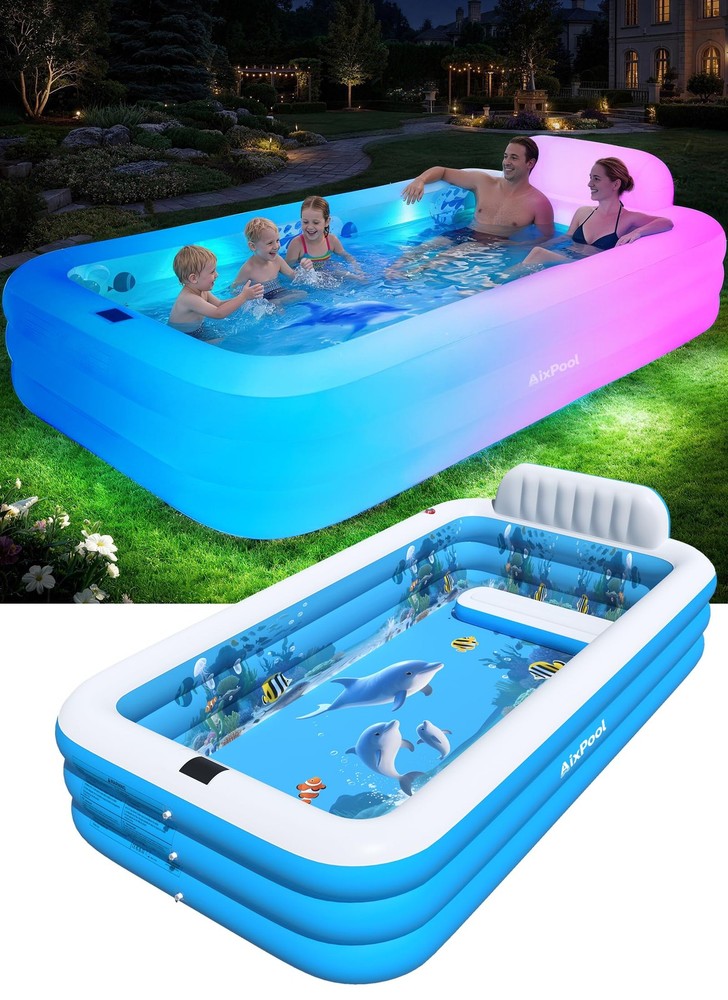 AixPool Extra Large Inflatable Pool with Lights Upgraded Solar Powered Blow Up
